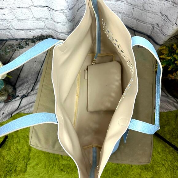 Laser Cut Light Blue Faux Pebble Leather Tote Bag with pouch - Picture 7 of 8